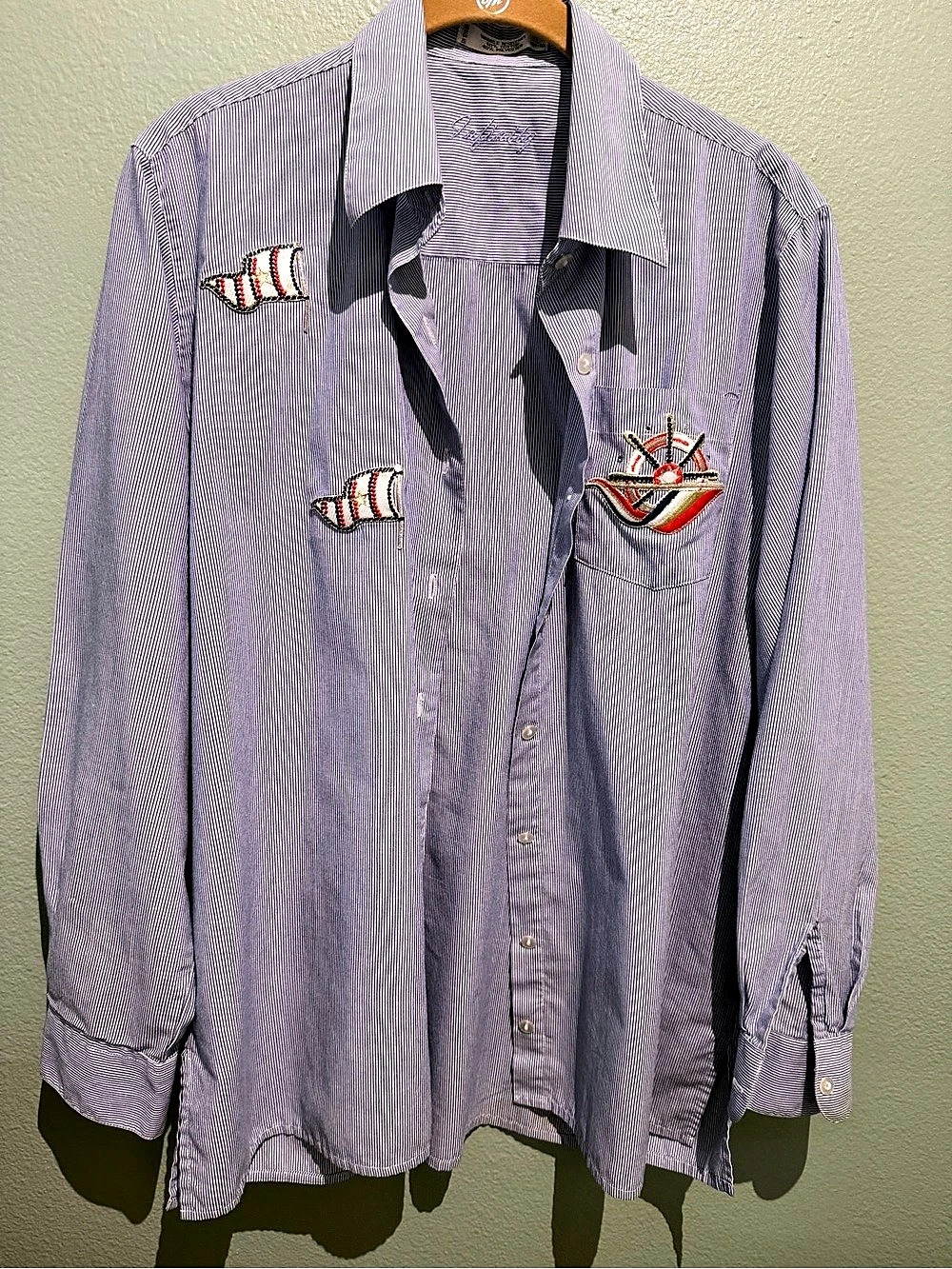 Pin Striped Embroidered Shirt in Blue & White Large Like New
